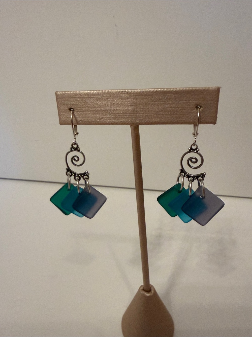 EARRINGS SEA GLASS BLUE GREEN PURPLE DROP DANGLE STERLING SILVER LEVER BACK